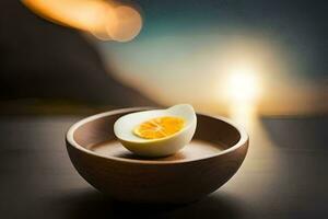 an egg in a bowl with a slice of lemon. AI-Generated photo
