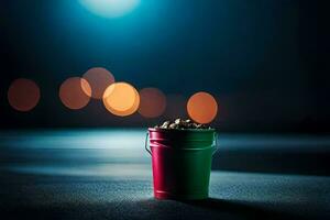 a bucket of popcorn on the street at night. AI-Generated photo