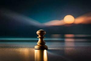 un ajedrez pedazo en el playa a noche. generado por ai foto