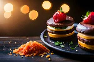 two chocolate burgers with strawberries on a black plate. AI-Generated photo