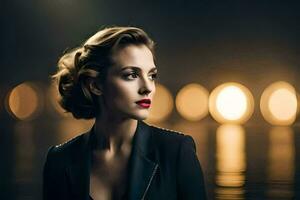 a woman with red lipstick and black suit. AI-Generated photo