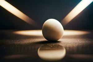 un huevo sentado en un mesa con ligero brillante en él. generado por ai foto