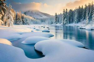 un Nevado río en el montañas. generado por ai foto