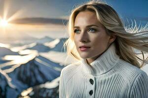 a beautiful blonde woman in a sweater looking up at the sun. AI-Generated photo