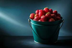 un Cubeta lleno con fresas en un oscuro mesa. generado por ai foto