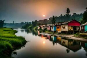 a river with houses and a sunset. AI-Generated photo