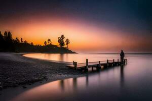 a man stands on a dock at sunset. AI-Generated photo