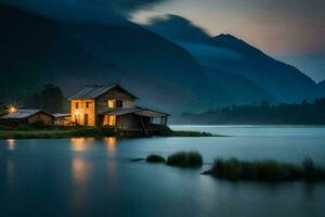 a house sits on the shore of a lake at dusk. AI-Generated photo