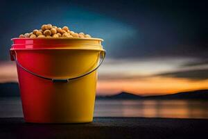 a bucket of peanuts on a table. AI-Generated photo
