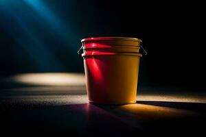 a red bucket with a bright light shining on it. AI-Generated photo