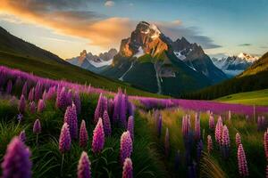 the sun rises over the mountains and the flowers bloom in the foreground. AI-Generated photo