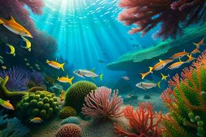 submarino escena con vistoso corales y pez. generado por ai foto