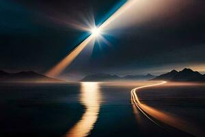 a long exposure photograph of a bright light shining over a lake. AI-Generated photo