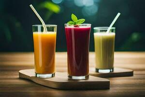 three different types of juices on a wooden table. AI-Generated photo