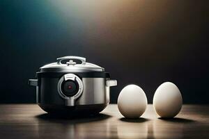 two eggs next to an electric pressure cooker. AI-Generated photo
