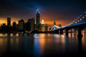 el ciudad horizonte a noche con un puente terminado agua. generado por ai foto