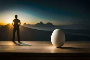 a man stands in front of an egg on a table. AI-Generated photo