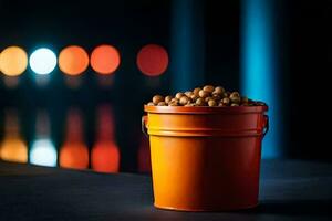 a bucket of nuts on a table in front of a blurred background. AI-Generated photo