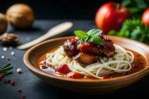 espaguetis con carne y tomate salsa en un de madera bol. generado por ai foto