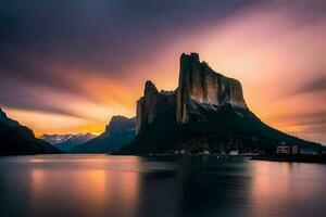 el montañas son reflejado en el agua a puesta de sol. generado por ai foto