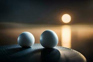 two eggs sit on a table in front of a full moon. AI-Generated photo