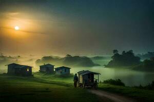 a man walks down a path in front of a house on a hill. AI-Generated photo