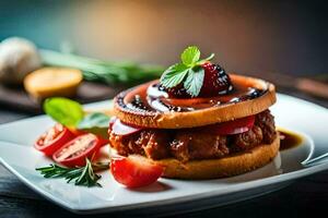 a hamburger with tomato and lettuce on a white plate. AI-Generated photo