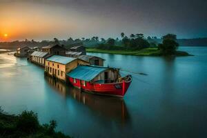 a red boat is docked on the river at sunset. AI-Generated photo