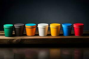 a row of colorful cups on a wooden shelf. AI-Generated photo