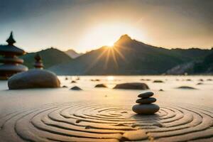 un Roca circulo es en el arena a puesta de sol. generado por ai foto