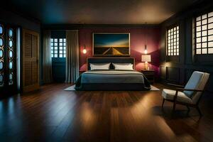 a bedroom with purple walls and wood floors. AI-Generated photo