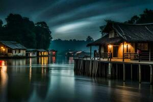 a house on a dock at night with a cloudy sky. AI-Generated photo