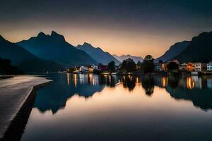 el montañas son reflejado en el agua a puesta de sol. generado por ai foto