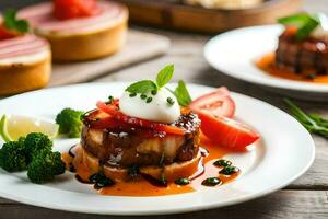 two plates with food on them and a glass of wine. AI-Generated photo