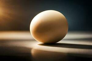 an egg on a table with the sun shining. AI-Generated photo