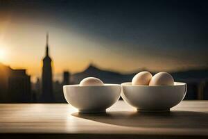 eggs in a bowl with the city in the background. AI-Generated photo