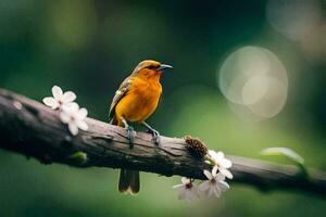 a small orange bird sits on a branch with white flowers. AI-Generated photo