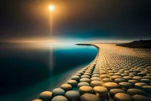 a long line of rocks on the beach at night. AI-Generated photo