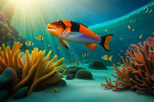 an underwater scene with an orange fish swimming in the ocean. AI-Generated photo