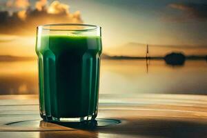 a glass of green juice on a table in front of a lake. AI-Generated photo