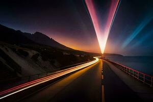 a long exposure photo of a road with light trails. AI-Generated