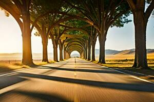 un largo la carretera forrado con arboles y arboles generado por ai foto