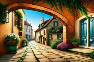 an illustration of a street with a brick archway. AI-Generated photo