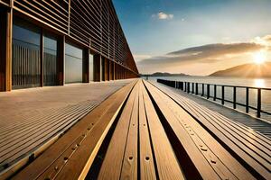 a wooden walkway leads to a building with the sun setting behind it. AI-Generated photo