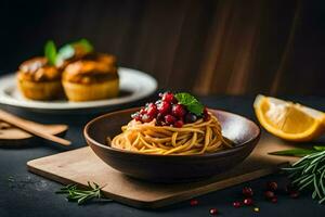 spaghetti with cranberry sauce and muffins on a wooden table. AI-Generated photo