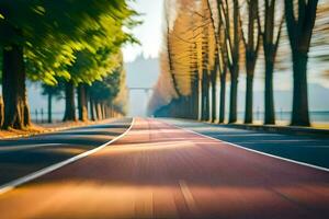 un borroso imagen de un la carretera con arboles y arboles generado por ai foto