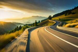 un devanado la carretera en el montañas a puesta de sol. generado por ai foto