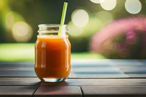 a glass jar with orange juice on a table. AI-Generated photo