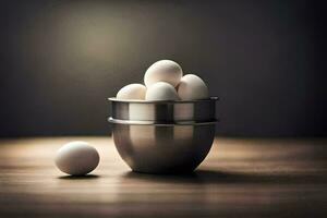 a bowl of eggs on a table. AI-Generated photo