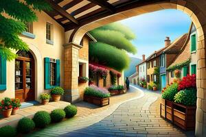 an illustration of a street in a village. AI-Generated photo